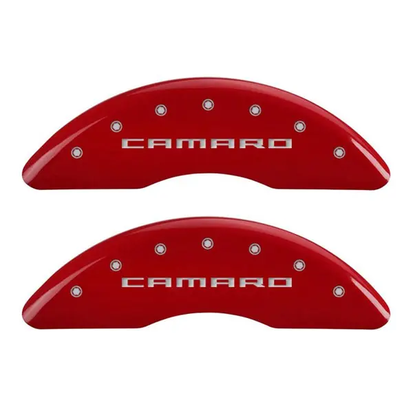 MGP 4 Caliper Covers Engraved Front Gen 5/Camaro Engraved Rear Gen 5/SS Red finish silver ch