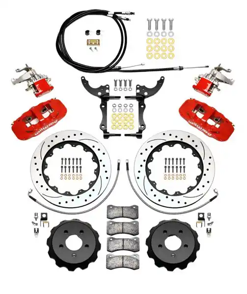 Wilwood AERO4 / MC4 Rear Kit 14.00 Drilled Red 2015-Up Mustang w/Lines & Cables