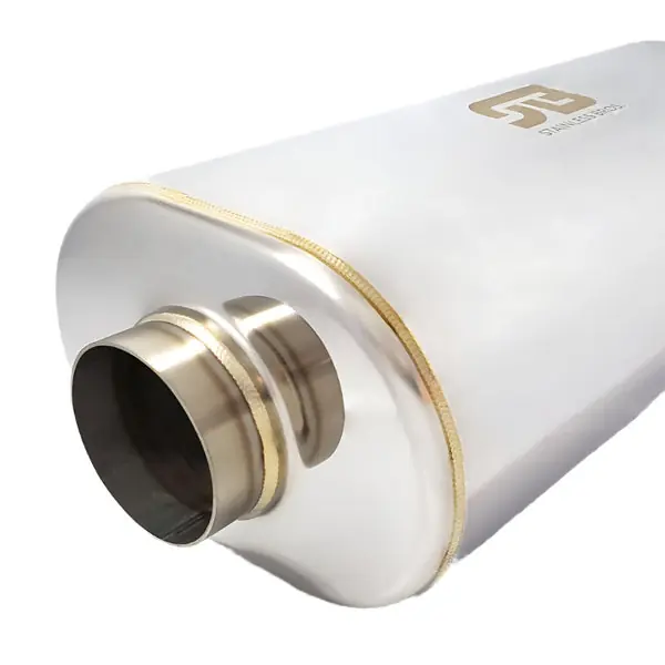 Stainless Bros 2.5in x 10in OAL SS304 Thin Oval Muffler (2.5in Offset In/2.5in Offset Out) - Polish