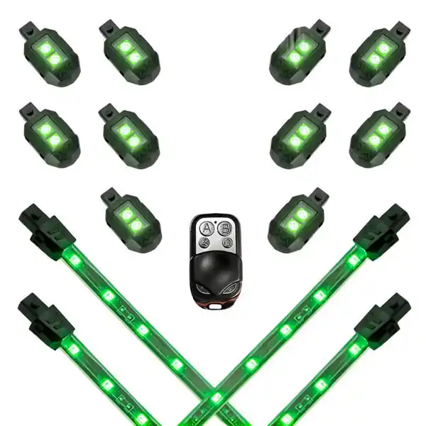 XK Glow Strips Single Color XKGLOW LED Accent Light Motorcycle Kit Green - 10xPod + 4x8In
