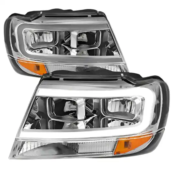 ANZO 1999-2004 Jeep Grand Cherokee Crystal Headlights w/ Light Bar Chrome Housing
