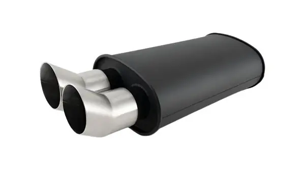 Vibrant Flat Blk Muffler 9x5x15in Body 3in Inlet ID 3in Tip OD w/Dual DTM Cut Tips
