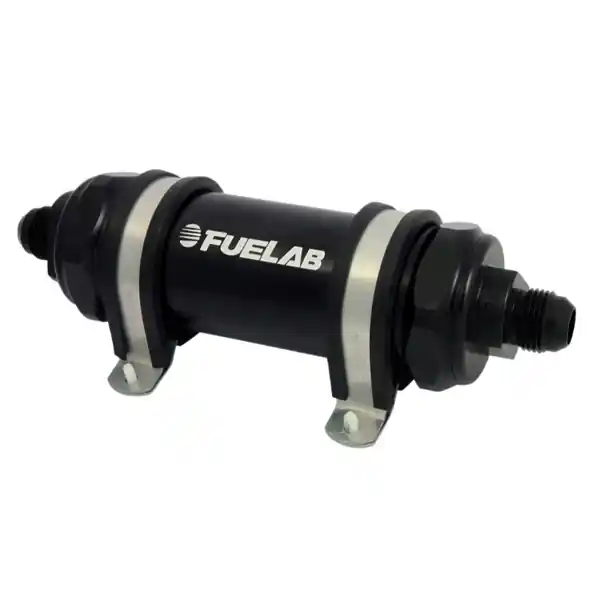 Fuelab 828 In-Line Fuel Filter Long -10AN In/Out 100 Micron Stainless - Black