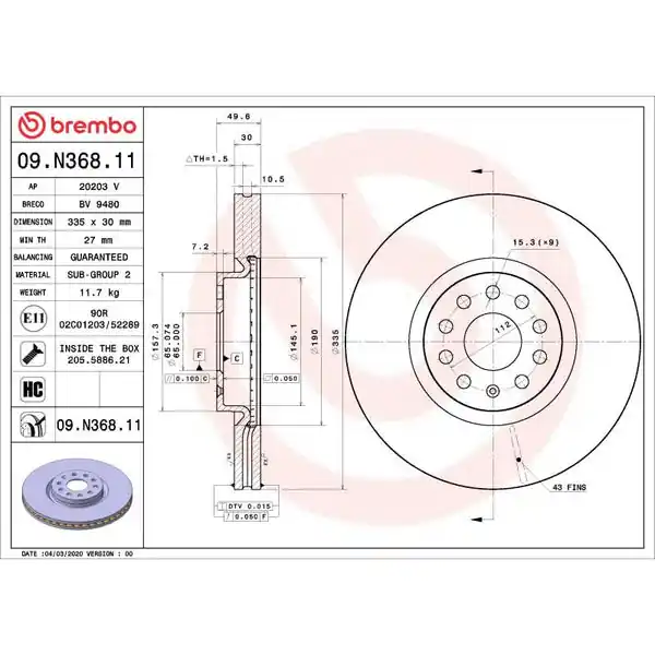 Brembo 21-22 Lexus ES250/19-22 Lexus ES300h/19-22 Lexus ES350/19-22 UX200 Front UV Coated Rotor