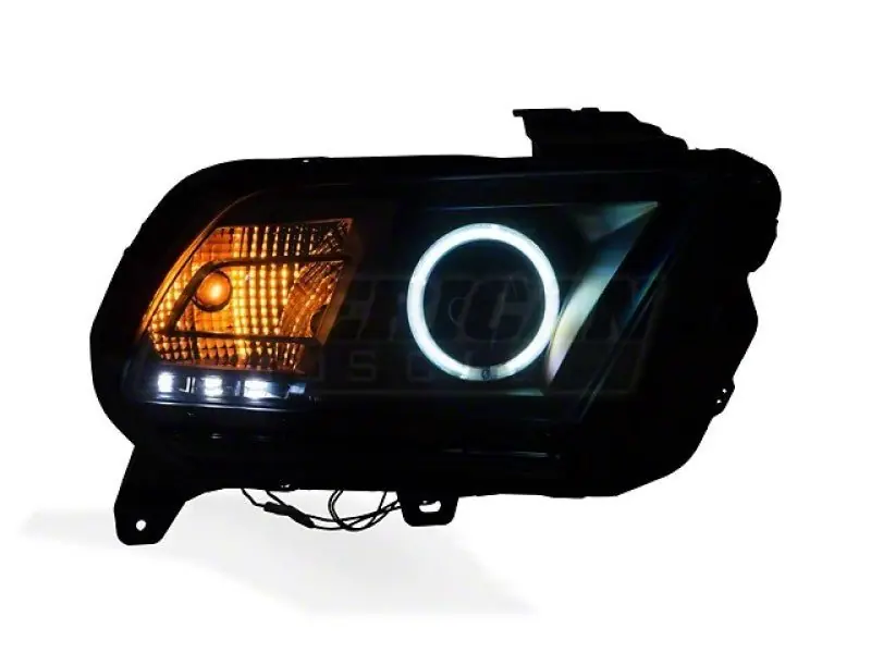Raxiom w/ Factory HIDLED Halo Projector Headlights- Black Housing/Smoked Lens (13-14 Ford Mustang) (RAX49170)