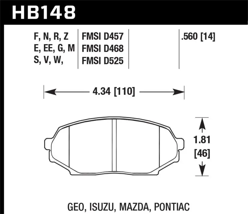 Hawk 90-93 Mazda Miata Base 1.6L HPS 5.0 Front Brake Pads (HAWKHB148B.560)