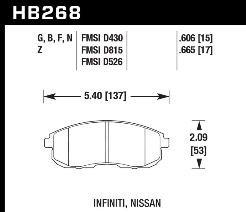 Hawk 03-04 G35/03-05 G35X/ 02-05 350z w/o Brembo Performance Ceramic Street Front Brake Pads (HAWKHB268Z.665)