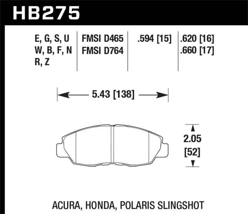 Hawk 98-00 Civic Coupe Si/01-06 Civic DX/EX/GX/HX/LX (Non Hatchback) HPS Street Front Brake Pads (HAWKHB275F.620)