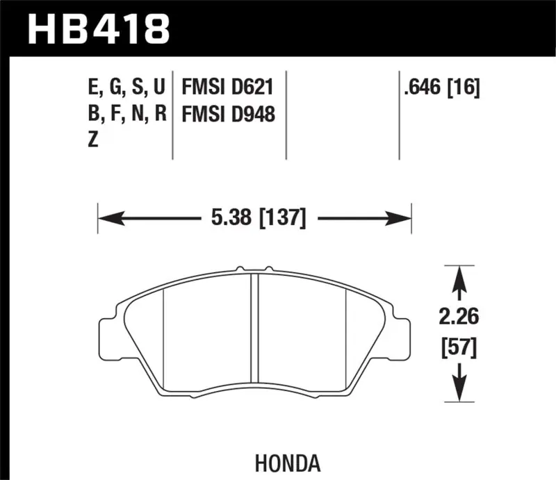 Hawk 02-06 RSX (non-S) Front / 03-11 Civic Hybrid / 04-05 Civic Si HP DTC-60 Front Race Brake Pads (HAWKHB418G.646)