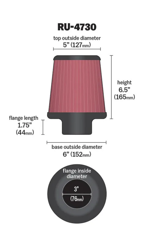 K&N Filter 3 inch Flange 6 inch Base 5 Top 6 1/2 inch Height (KNNRU-4730)
