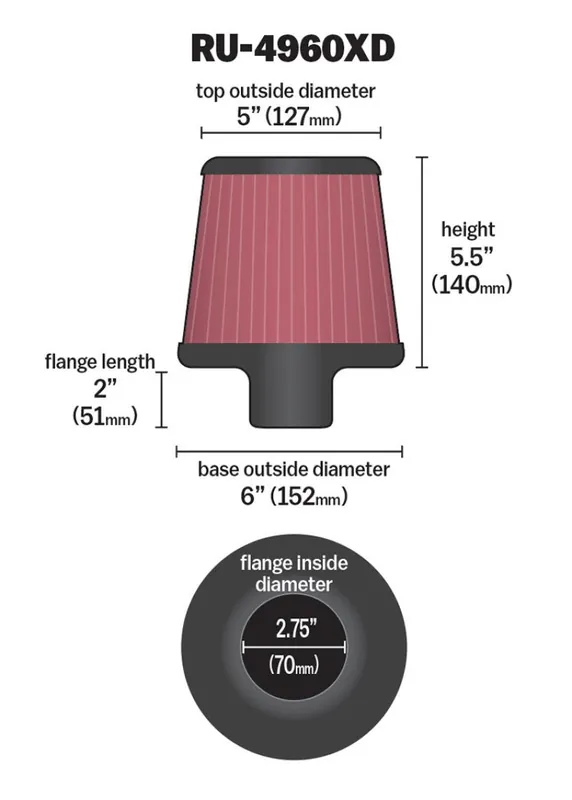 K&N Filter Universal Clamp-On Filter-Round Tapered 2.75in Flange ID x 6in Base OD x 5in Top OD (KNNRU-4960XD)